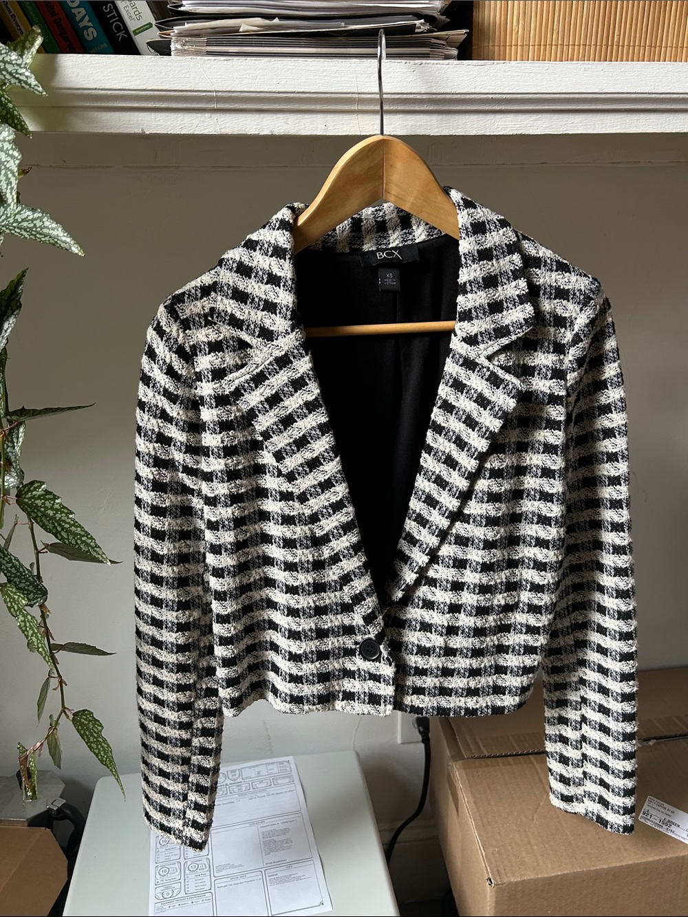BCX Black & White Checked Cropped Blazer
